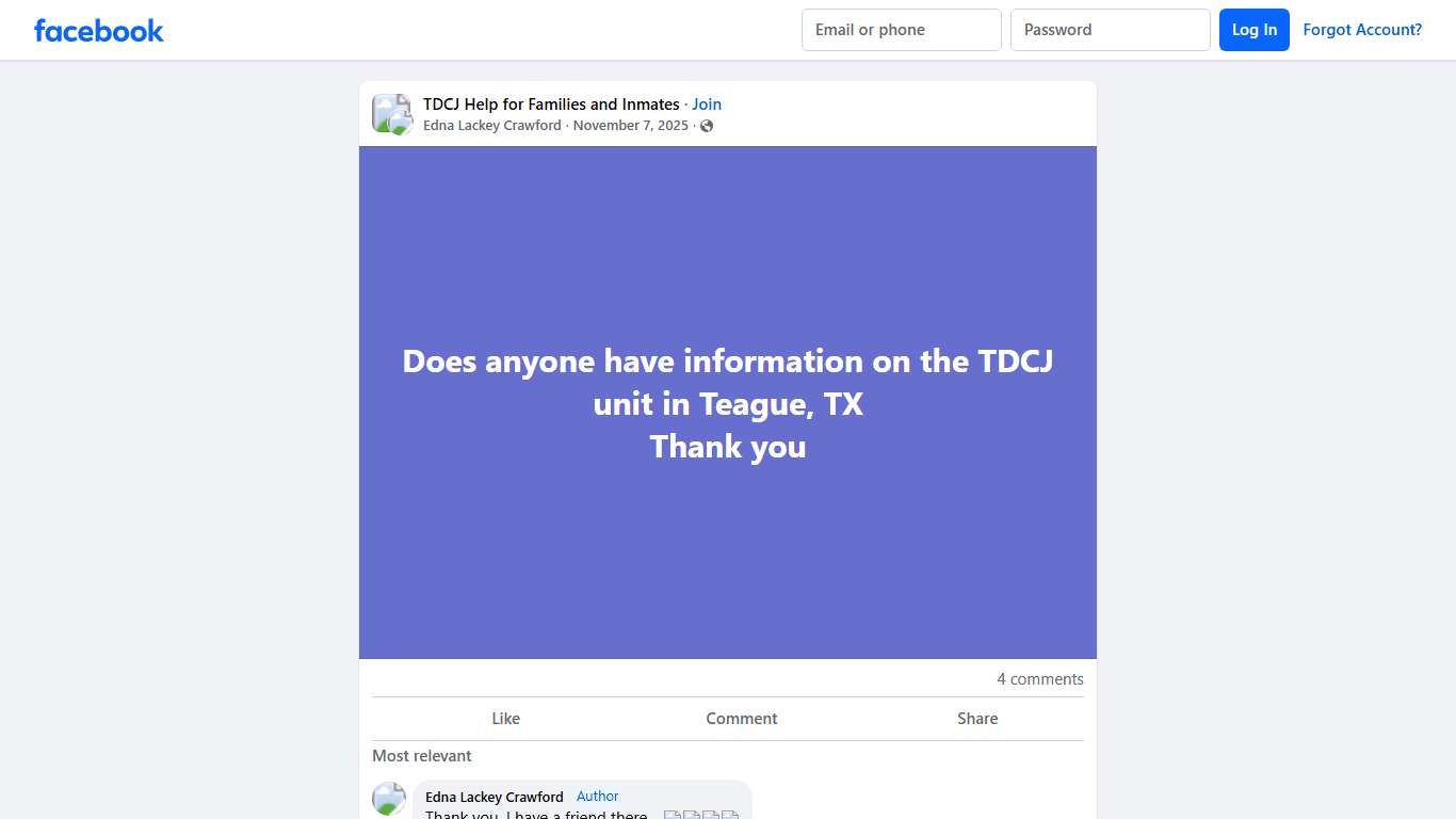 TDCJ Help for Families and Inmates Does anyone have information on the TDCJ unit in Teague, TX Facebook